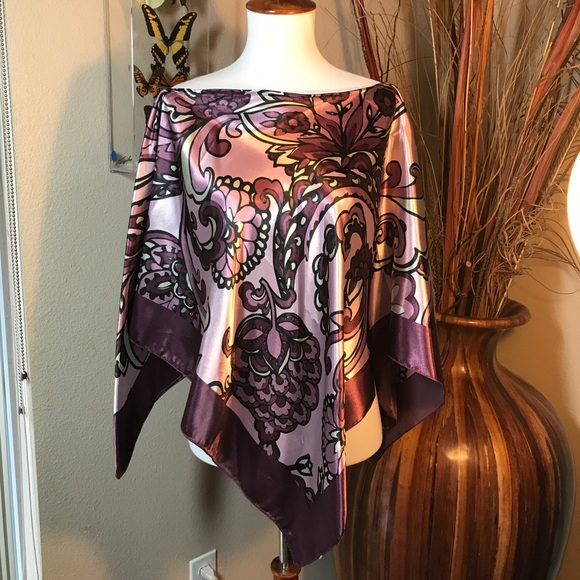 Tops - Satin Shawl Poncho Cover all up Purple Top Floral
